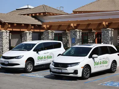 Dial-A-Ride vehicles parked outside the Cerritos Senior Center