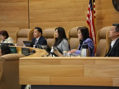 2026 Cerritos City Council members in the Council Chamber, from left: Councilmember Sophia M. Tse, Mayor Pro Tem Mark E. Pulido, Mayor Lynda P. Johnson, Councilmember Jennifer Hong, and Councilmember Frank Aurelio Yokoyama.