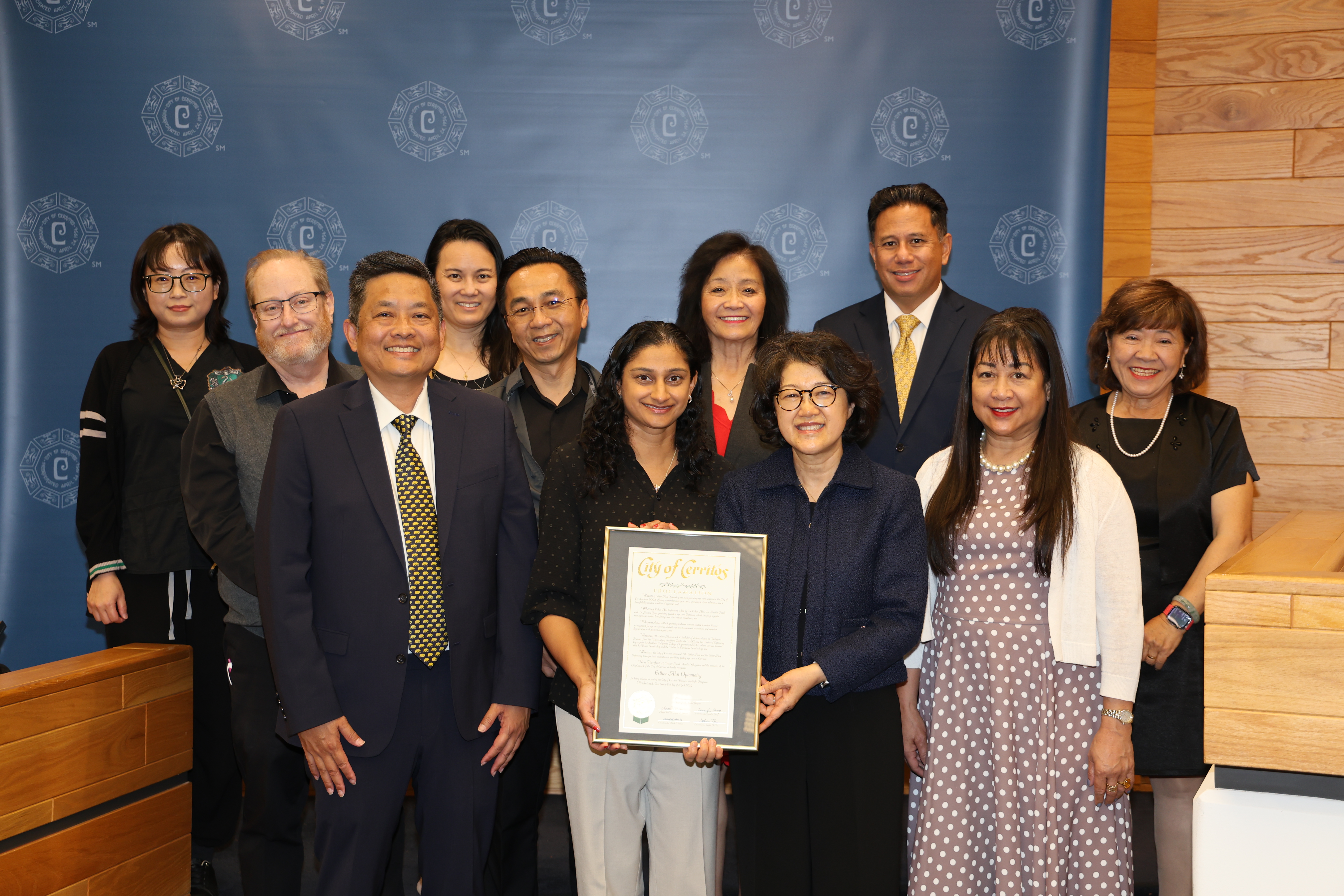 Esther Ahn Optometry with Council in Cerritos City Council Chamber